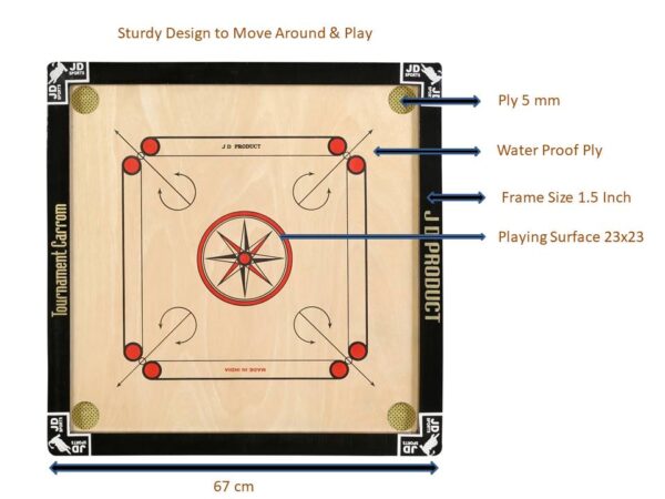 JD Sports Water Proof Dull Tournament Medium Carrom Board with coins - Image 5